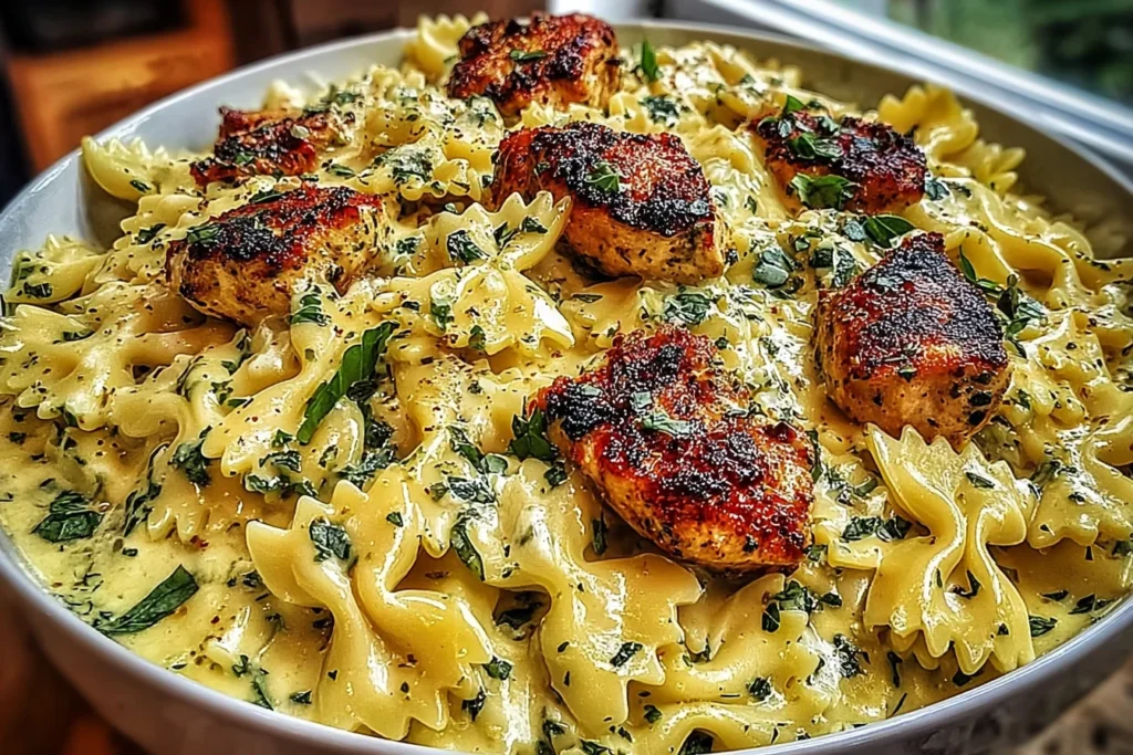 Mozzarella Garlic Butter Chicken Bowties in Cheesy Cream in a skillet, featuring bowtie pasta coated in creamy garlic sauce with seared chicken pieces and parsley.