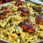 Mozzarella Garlic Butter Chicken Bowties in Cheesy Cream in a skillet, featuring bowtie pasta coated in creamy garlic sauce with seared chicken pieces and parsley.