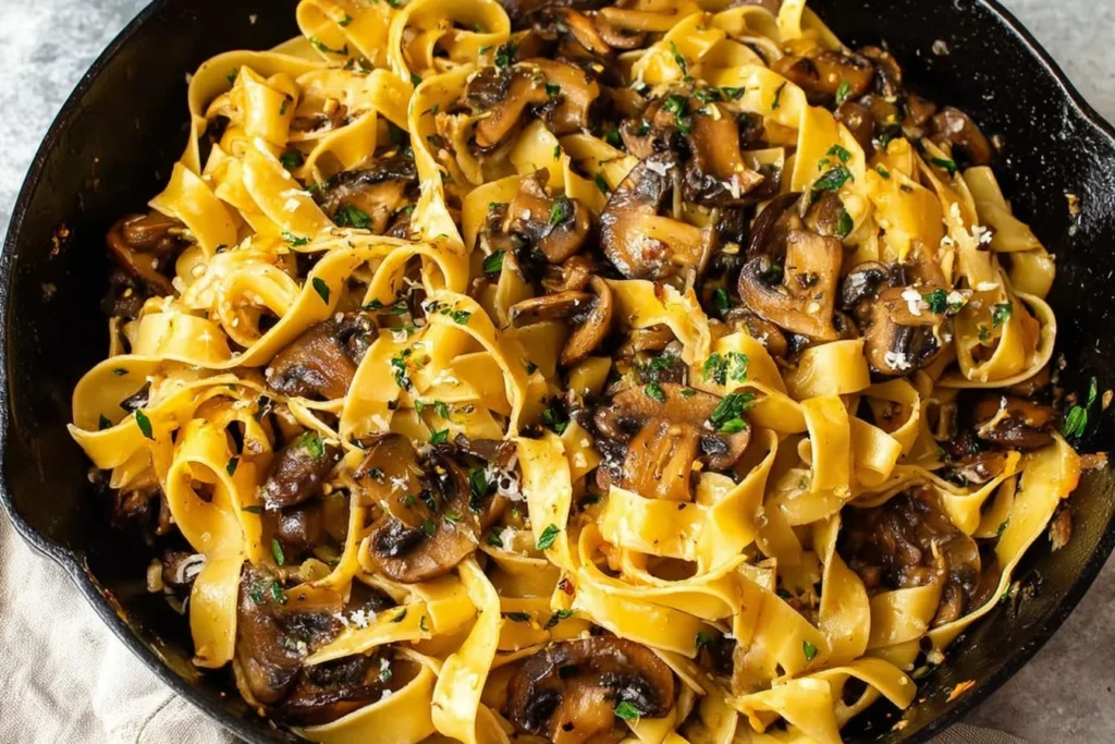 Garlic Mushroom Pasta tossed in a skillet with buttery garlic sauce, sautéed mushrooms, parsley, and parmesan over pappardelle noodles.