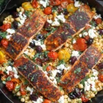 Mediterranean Salmon in a cast-iron skillet with lemon rice, chickpeas, cherry tomatoes, olives, feta, and fresh herbs