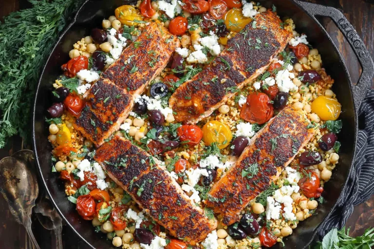 Mediterranean Salmon in a cast-iron skillet with lemon rice, chickpeas, cherry tomatoes, olives, feta, and fresh herbs