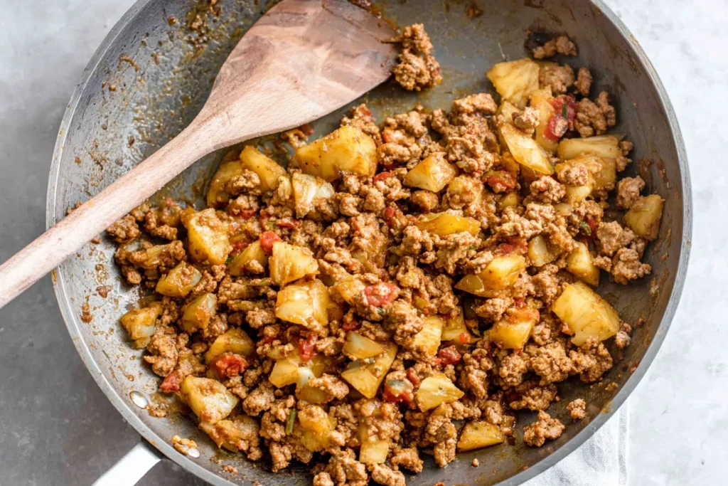 Pineapple Turkey Tacos filling cooking in a skillet with ground turkey, diced pineapple, onions, taco seasoning, and salsa.