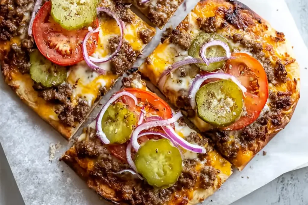 Cheeseburger Flatbreads sliced into quarters with melty cheese, seasoned ground beef, pickles, tomato slices, and red onion on a crispy crust.