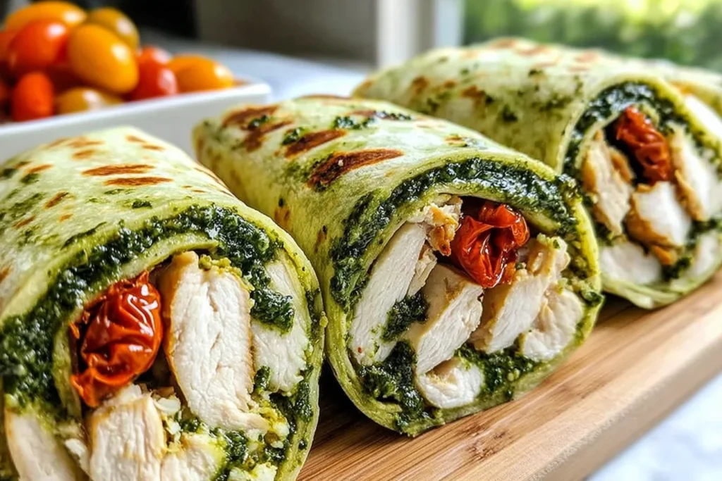 Chicken Pesto Wraps lined up on a wooden board, toasted and sliced to show pesto, tender chicken, and sun-dried tomatoes.