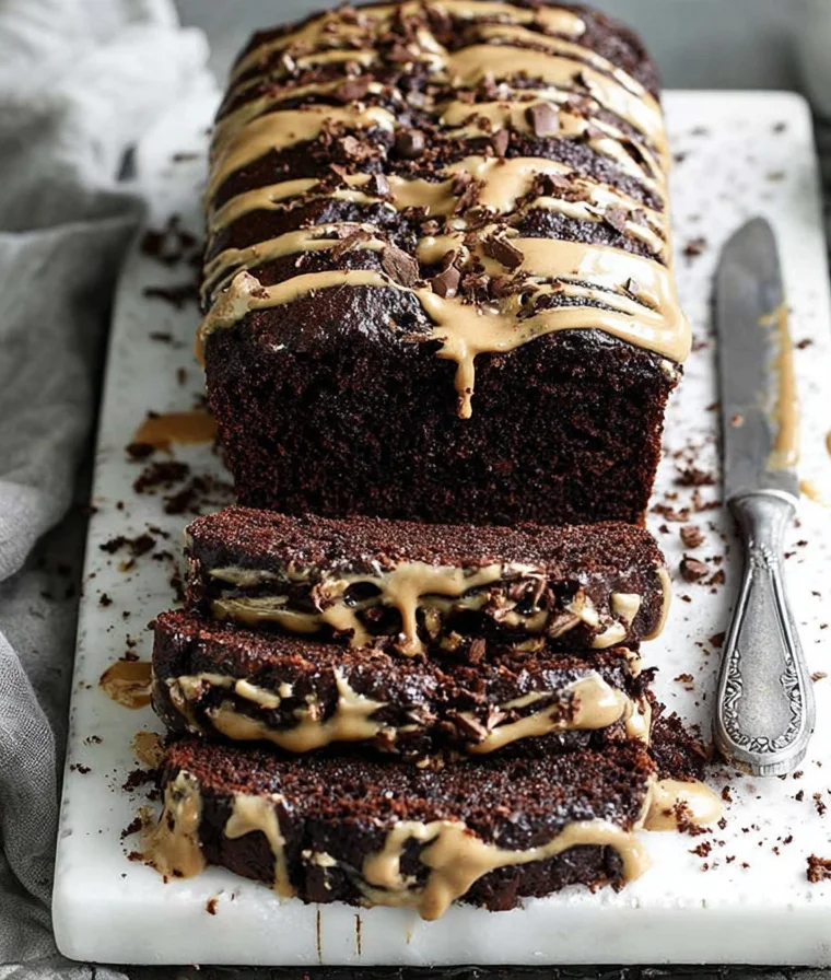 Chocolate Peanut Butter Banana Bread sliced on a white board with thick peanut butter drizzle and chocolate chunks on top.