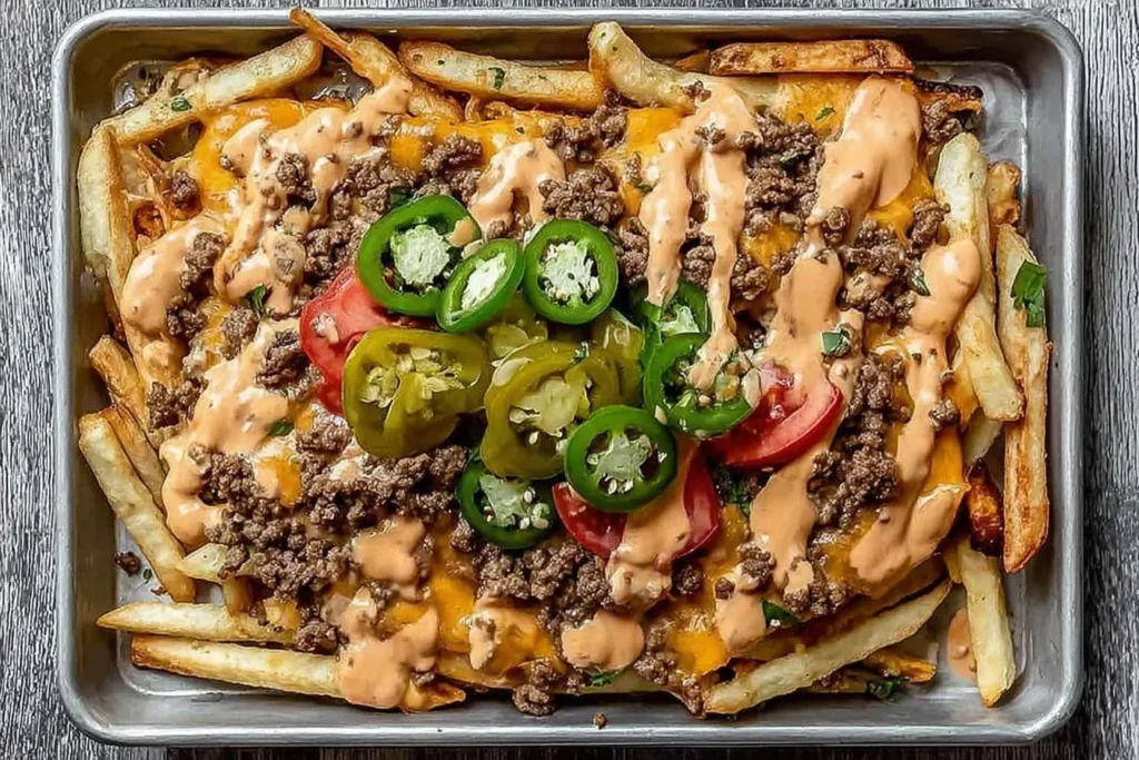 Smash Burger Fries piled on crispy fries with seasoned ground beef, melted cheddar cheese, special sauce drizzle, and jalapeños with tomatoes.