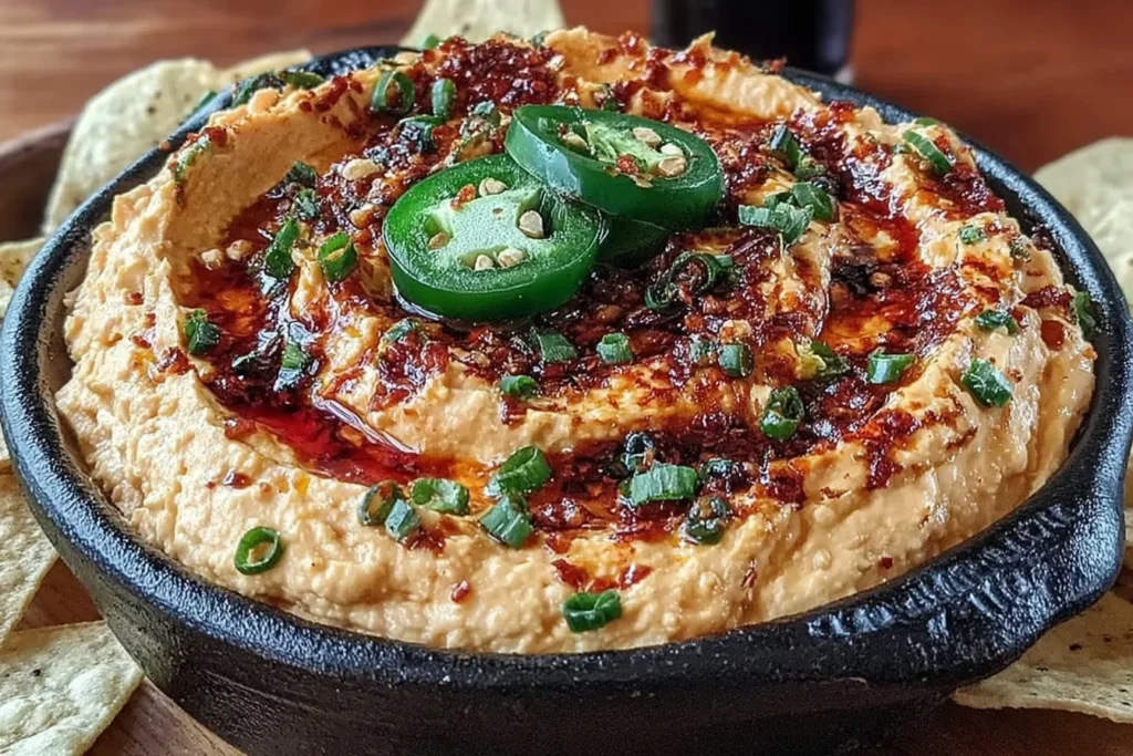 Spicy Roasted Jalapeño Cowboy Cream Cheese Dip in a black bowl with BBQ swirl, sliced jalapeños, herbs, and tortilla chips.