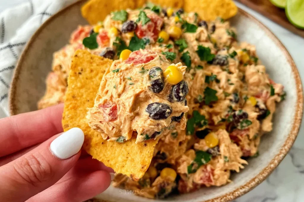 Southwestern Chicken Salad scooped on a tortilla chip with shredded chicken, black beans, corn, and cilantro in a creamy Greek yogurt dressing.