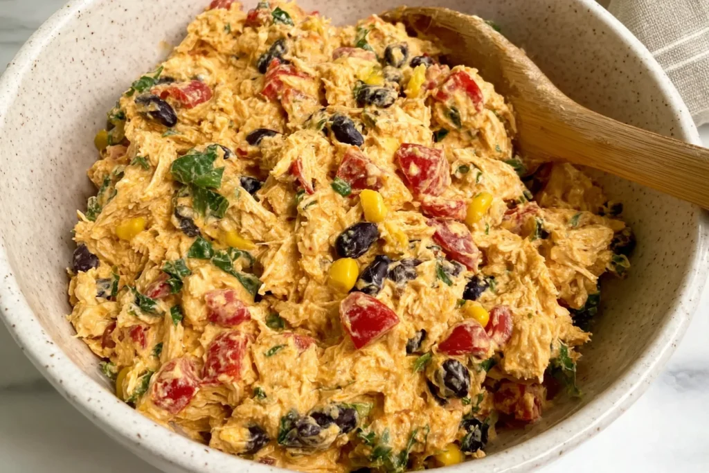 Southwestern Chicken Salad in a bowl with shredded chicken, black beans, corn, red pepper, and cilantro in a creamy Greek yogurt dressing.