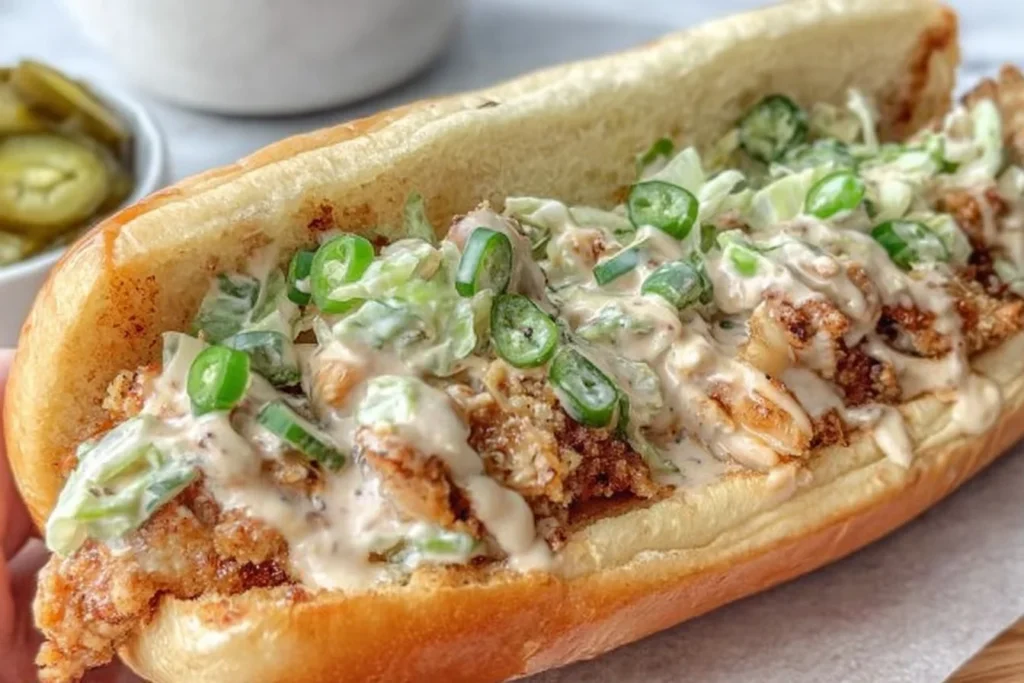 Alabama BBQ Chicken Chopped Sandwich stuffed with crispy chicken, creamy Alabama white BBQ sauce, sliced jalapeños, and chopped green onions on a toasted hoagie roll.