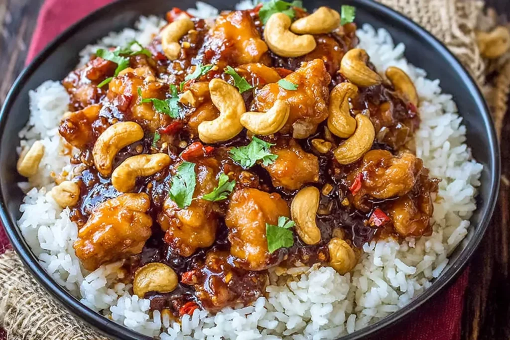 Cheesecake Factory’s Spicy Cashew Chicken served over fluffy white rice with glossy sweet-spicy sauce, crunchy cashews, and fresh herbs.
