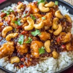 Cheesecake Factory’s Spicy Cashew Chicken served over fluffy white rice with glossy sweet-spicy sauce, crunchy cashews, and fresh herbs.