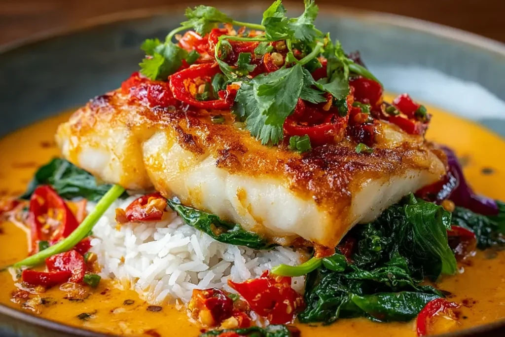 Tropical Grouper with Spicy Coconut plated over jasmine rice with creamy spicy coconut sauce, sautéed greens, sliced red chili, and cilantro.