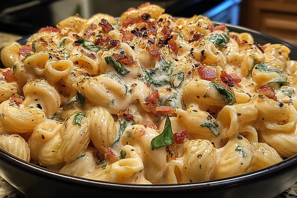 Spicy Creamy Rattlesnake Pasta with creamy Parmesan sauce, pasta shells, spinach, and crispy bacon in a skillet.