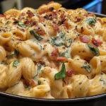 Spicy Creamy Rattlesnake Pasta with creamy Parmesan sauce, pasta shells, spinach, and crispy bacon in a skillet.