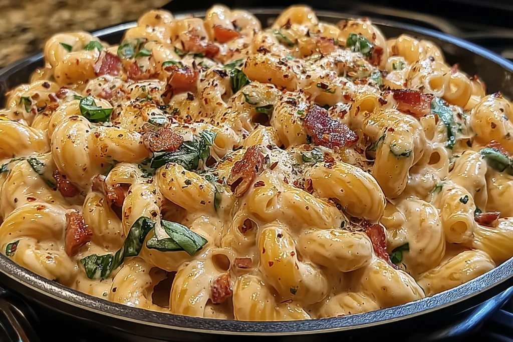 Spicy Creamy Rattlesnake Pasta in a skillet—creamy Parmesan sauce coating pasta shells with spinach, crispy bacon, and red pepper flakes