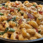 Spicy Creamy Rattlesnake Pasta in a skillet—creamy Parmesan sauce coating pasta shells with spinach, crispy bacon, and red pepper flakes