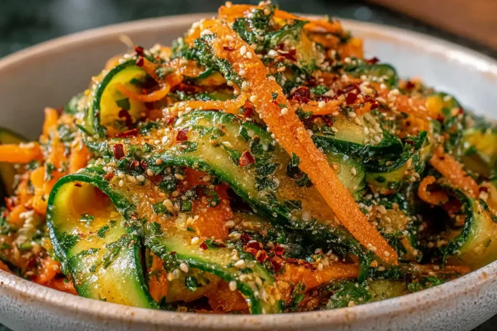 Cucumber Carrot Salad with ribboned cucumber, shredded carrots, sesame seeds, herbs, and chili flakes in a zesty lemon-garlic dressing.