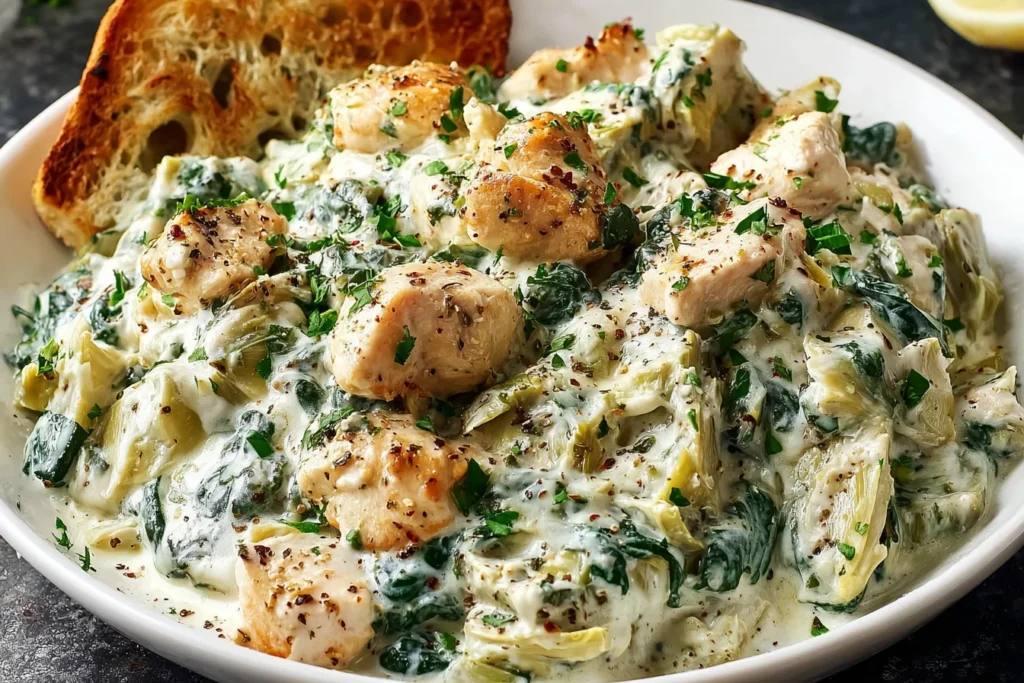 High Protein Spinach Artichoke Chicken Casserole served in a white bowl with creamy spinach, artichokes, tender chicken, and toasted bread on the side.