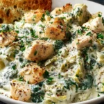 High Protein Spinach Artichoke Chicken Casserole served in a white bowl with creamy spinach, artichokes, tender chicken, and toasted bread on the side.