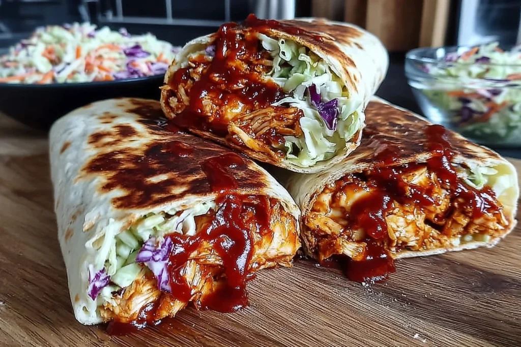 BBQ Chicken Wraps stacked on a wooden board with toasted tortillas, shredded BBQ chicken, and crunchy cabbage slaw, topped with extra BBQ sauce.
