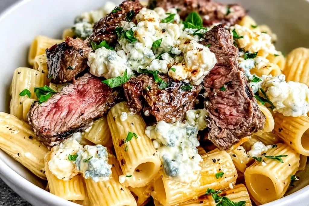 Steak & Blue Cheese Rigatoni Bake served in a bowl with tender sliced steak, ridged rigatoni, crumbled blue cheese, and fresh parsley