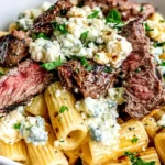 Steak & Blue Cheese Rigatoni Bake served in a bowl with tender sliced steak, ridged rigatoni, crumbled blue cheese, and fresh parsley