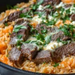 Steak & Queso Rice in a skillet with juicy seared steak bites, creamy white queso, and fresh cilantro over fluffy Tex-Mex rice.