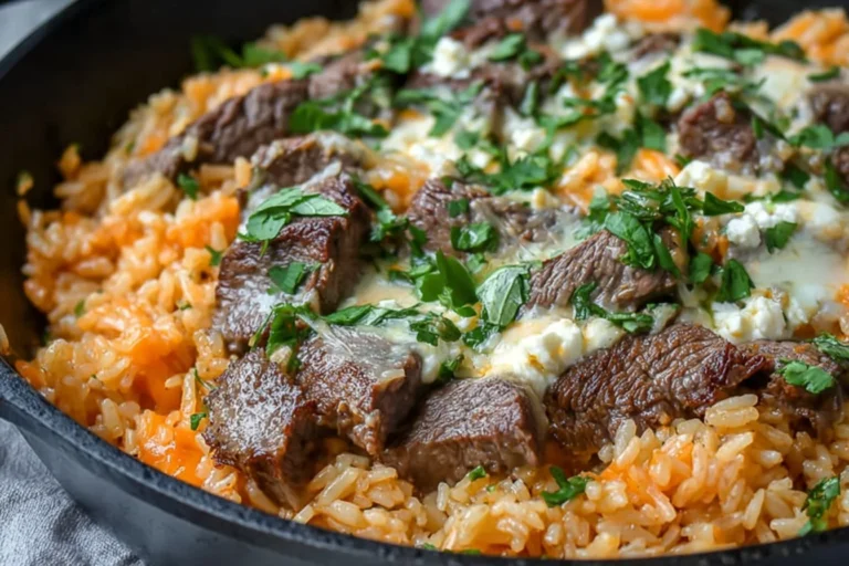 Steak & Queso Rice in a skillet with juicy seared steak bites, creamy white queso, and fresh cilantro over fluffy Tex-Mex rice.
