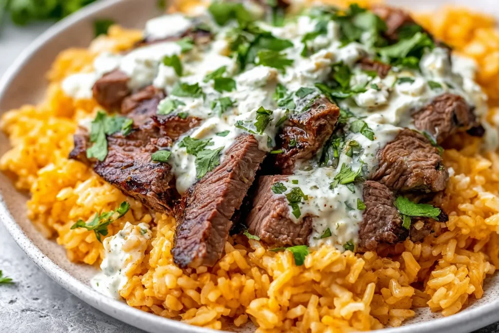 Steak & Queso Rice topped with sliced sirloin steak, creamy white queso sauce, and fresh cilantro over fluffy orange Tex-Mex rice.