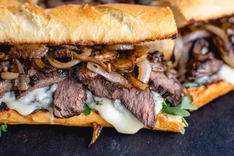 Steak Sandwich Recipe with sliced steak, caramelized onions, and melted Havarti on a toasted baguette.