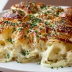Steakhouse Potatoes Romanov baked golden and bubbly, creamy cheesy sliced potatoes topped with fresh chives on a white plate.