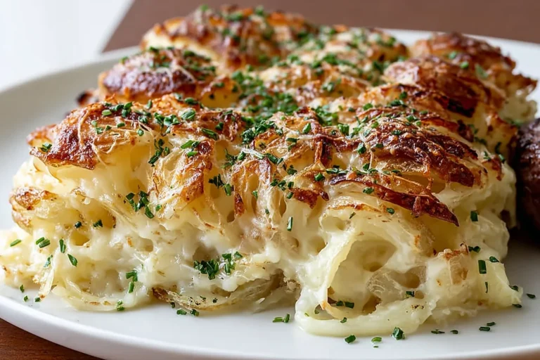 Steakhouse Potatoes Romanov baked golden and bubbly, creamy cheesy sliced potatoes topped with fresh chives on a white plate.