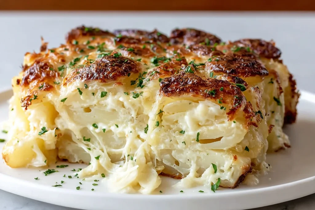 Steakhouse Potatoes Romanov casserole slice with golden browned top, creamy cheesy potato layers, and parsley garnish on a white plate.