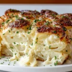 Steakhouse Potatoes Romanov casserole slice with golden browned top, creamy cheesy potato layers, and parsley garnish on a white plate.