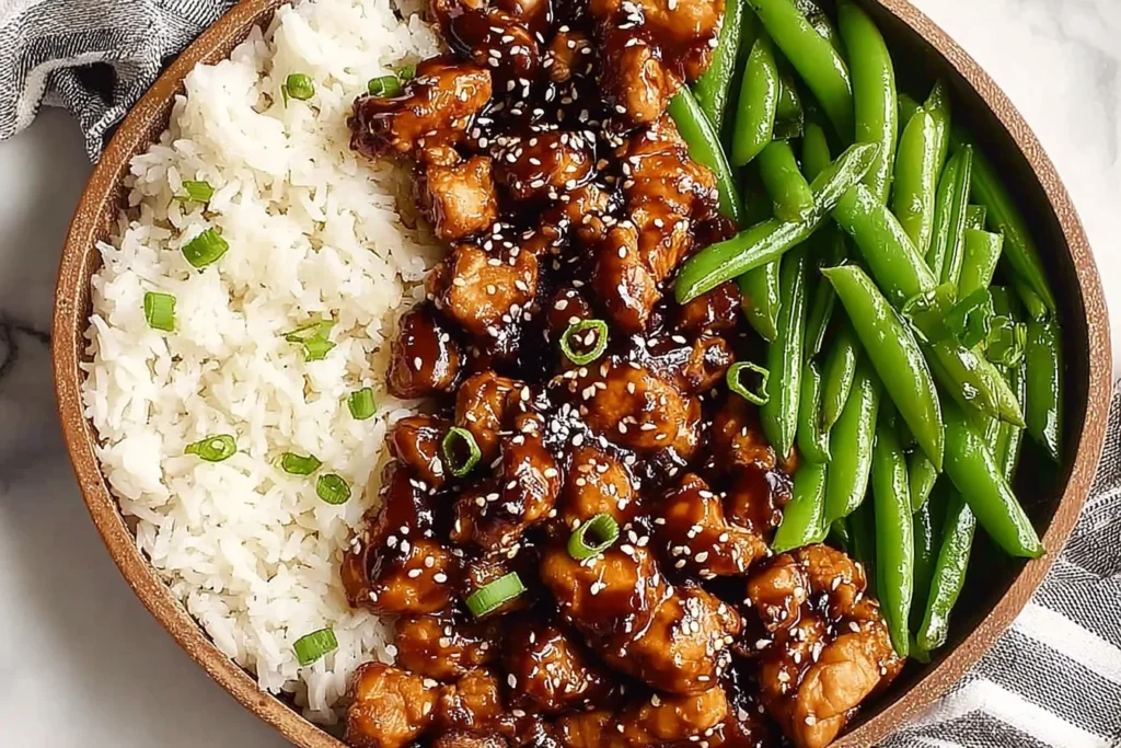 Asian High Protein Sesame Chicken bowl with sticky sesame sauce, fluffy white rice, and crisp green beans, topped with sesame seeds and scallions.