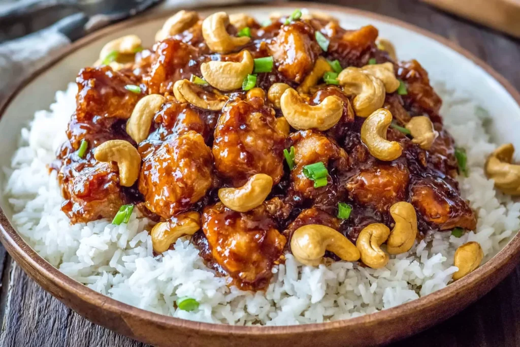 Cheesecake Factory’s Spicy Cashew Chicken piled over steamed white rice, coated in a glossy sweet-spicy sauce and topped with roasted cashews and green onions.