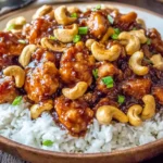Cheesecake Factory’s Spicy Cashew Chicken piled over steamed white rice, coated in a glossy sweet-spicy sauce and topped with roasted cashews and green onions.