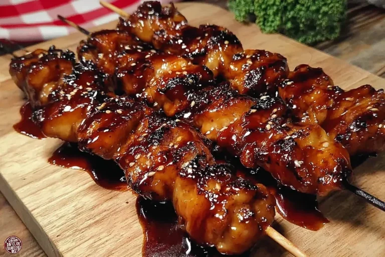 Grilled Chicken Yakitori Skewers glazed in a sticky soy-mirin sauce with charred edges, sprinkled with sesame seeds on a wooden board.