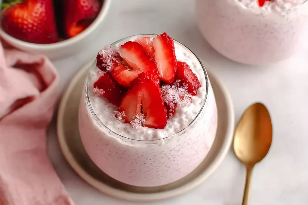 Cottage Cheese Strawberry Cheesecake Chia Seed Pudding in a glass topped with fresh sliced strawberries and a sprinkle of crushed ice on a plate.