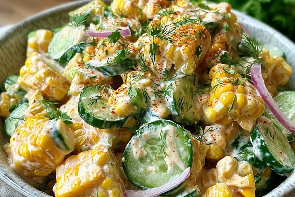 Street Corn Creamy Cucumber Salad close-up with charred corn rounds, crisp cucumber slices, red onion, fresh herbs, and creamy lime dressing.