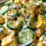 Street Corn Creamy Cucumber Salad close-up with charred corn rounds, crisp cucumber slices, red onion, fresh herbs, and creamy lime dressing.