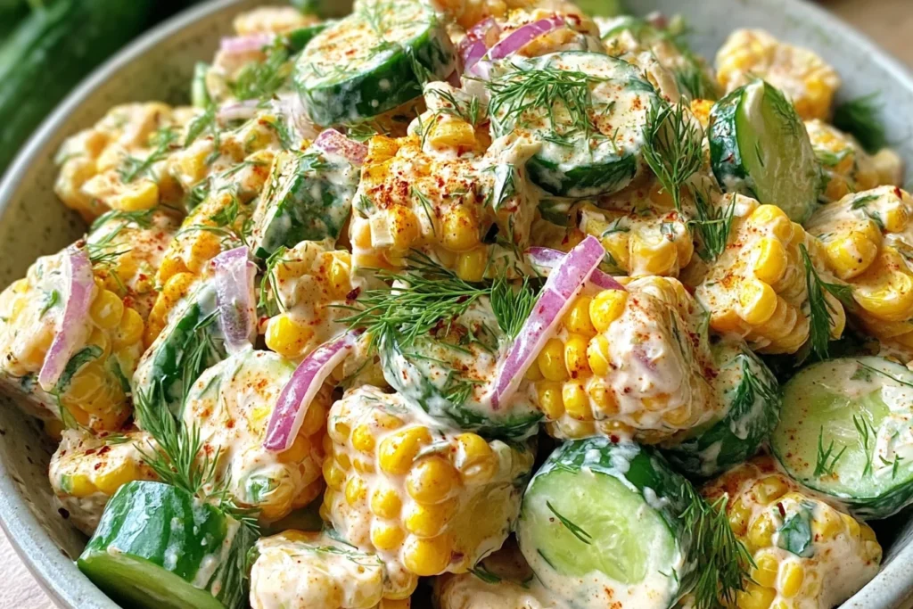 Street Corn Creamy Cucumber Salad in a bowl with grilled corn, sliced cucumbers, red onion, herbs, and creamy lime dressing.