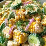 Street Corn Creamy Cucumber Salad in a bowl with grilled corn, sliced cucumbers, red onion, herbs, and creamy lime dressing.