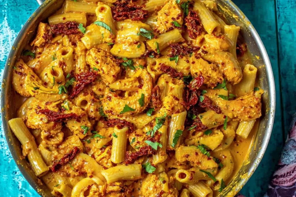 Close-up of Sun Dried Tomato Pesto Pasta with creamy Cajun chicken, rigatoni, sun-dried tomatoes, and parsley in a skillet.