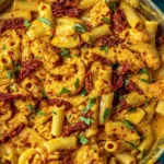 Close-up of Sun Dried Tomato Pesto Pasta with creamy Cajun chicken, rigatoni, sun-dried tomatoes, and parsley in a skillet.
