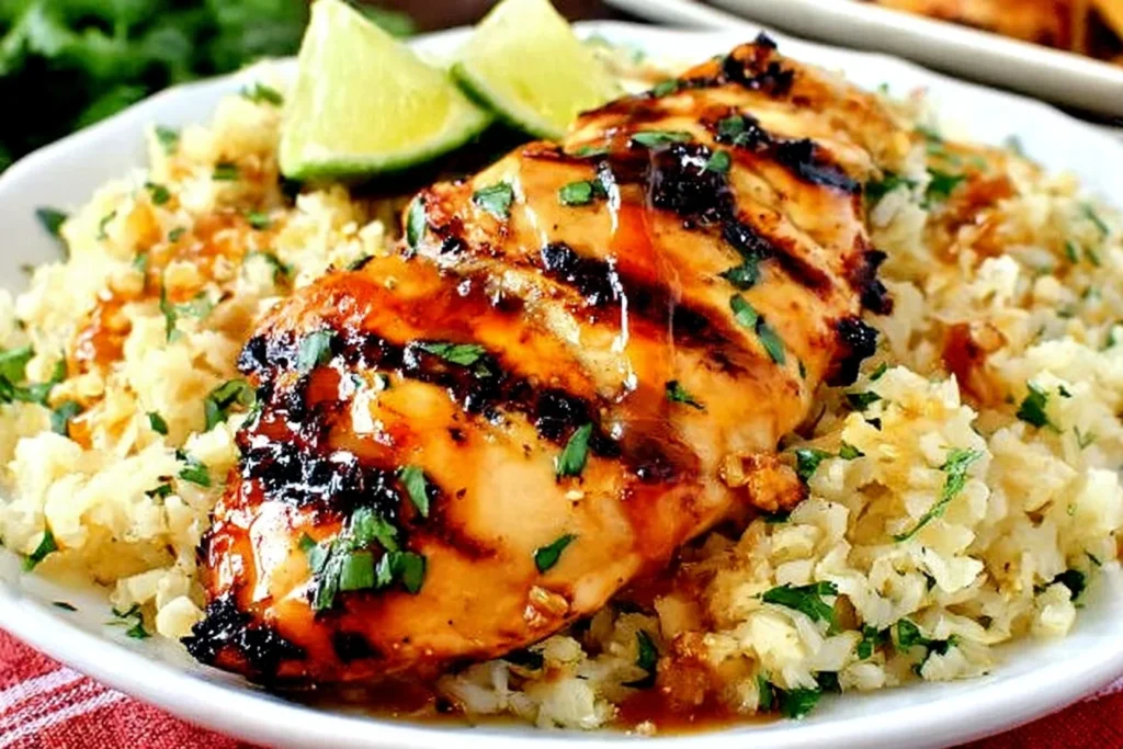 Sweet Chili Coconut-Lime Grilled Chicken drizzled with sweet chili glaze over coconut-lime cauliflower rice, topped with cilantro and served with lime wedges.