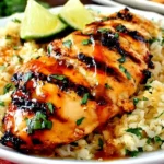 Sweet Chili Coconut-Lime Grilled Chicken drizzled with sweet chili glaze over coconut-lime cauliflower rice, topped with cilantro and served with lime wedges.
