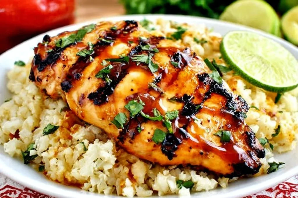 Sweet Chili Coconut-Lime Grilled Chicken glazed with sweet chili sauce on coconut-lime cauliflower rice, topped with cilantro and served with fresh lime.