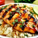 Sweet Chili Coconut-Lime Grilled Chicken glazed with sweet chili sauce on coconut-lime cauliflower rice, topped with cilantro and served with fresh lime.